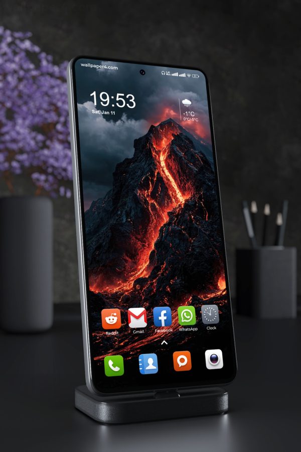 Phone Wallpaper 4186 - Volcanic Mountain Lava Flow Dark Fantasy Scene