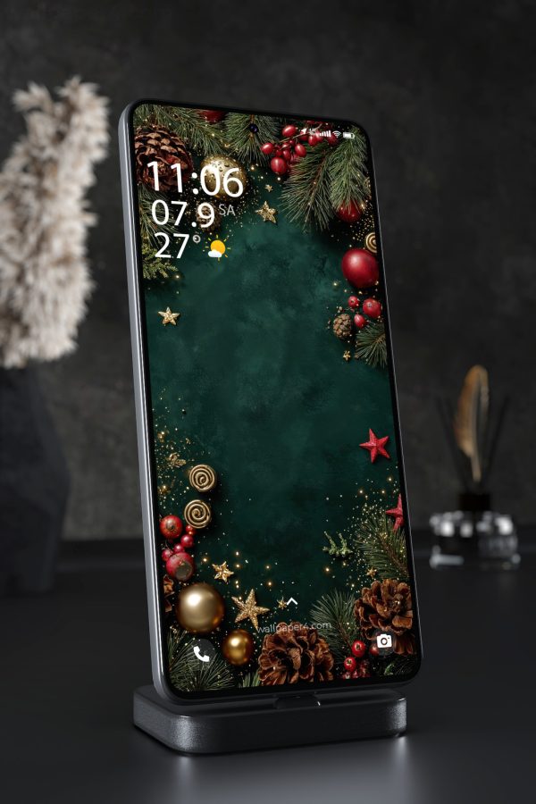 Phone Wallpaper 4193 - Elegant Christmas Green and Gold Ornament Frame