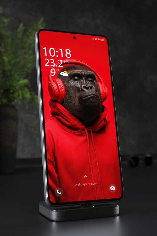 Phone Wallpaper 4197 - Cool Gorilla in Red Headphones Red Portrait