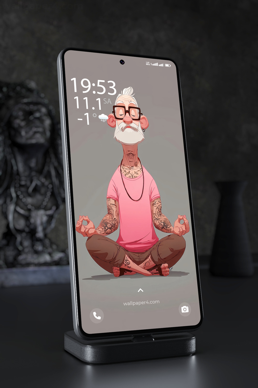 Phone Wallpaper 4203 - Tattooed Old Man Meditation Cartoon Art