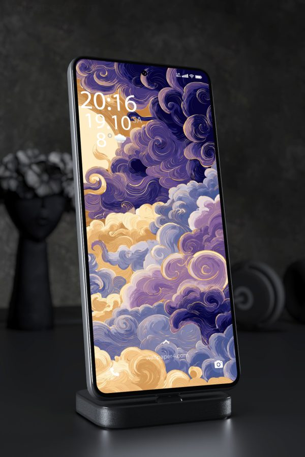 Phone Wallpaper 4211 - Golden Swirl Clouds and Moonlit Sky Art