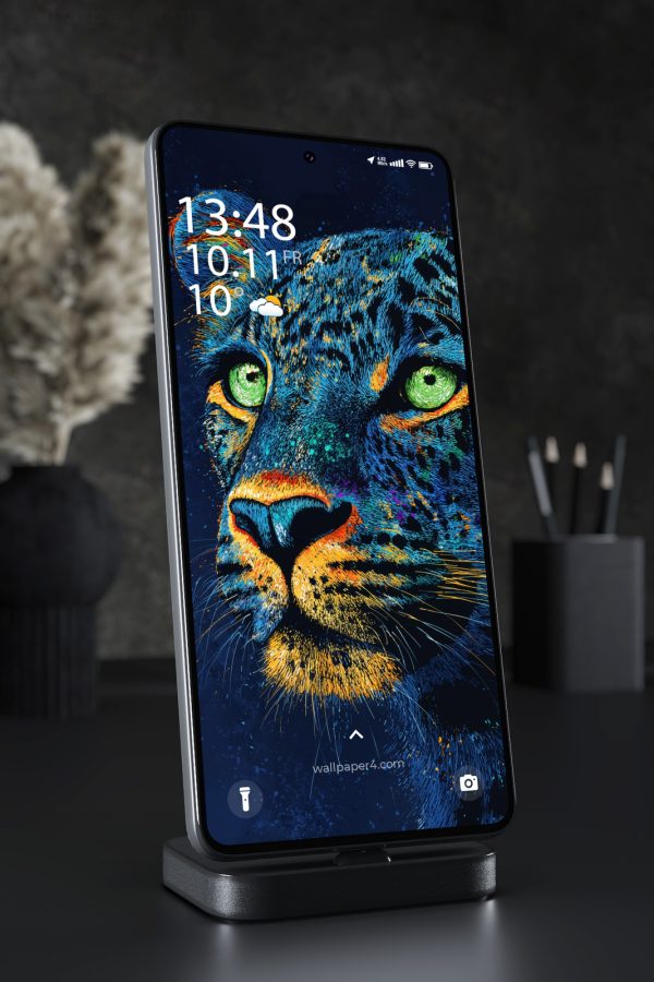 Phone Wallpaper 4222 - Neon Leopard Portrait with Emerald Green Eyes