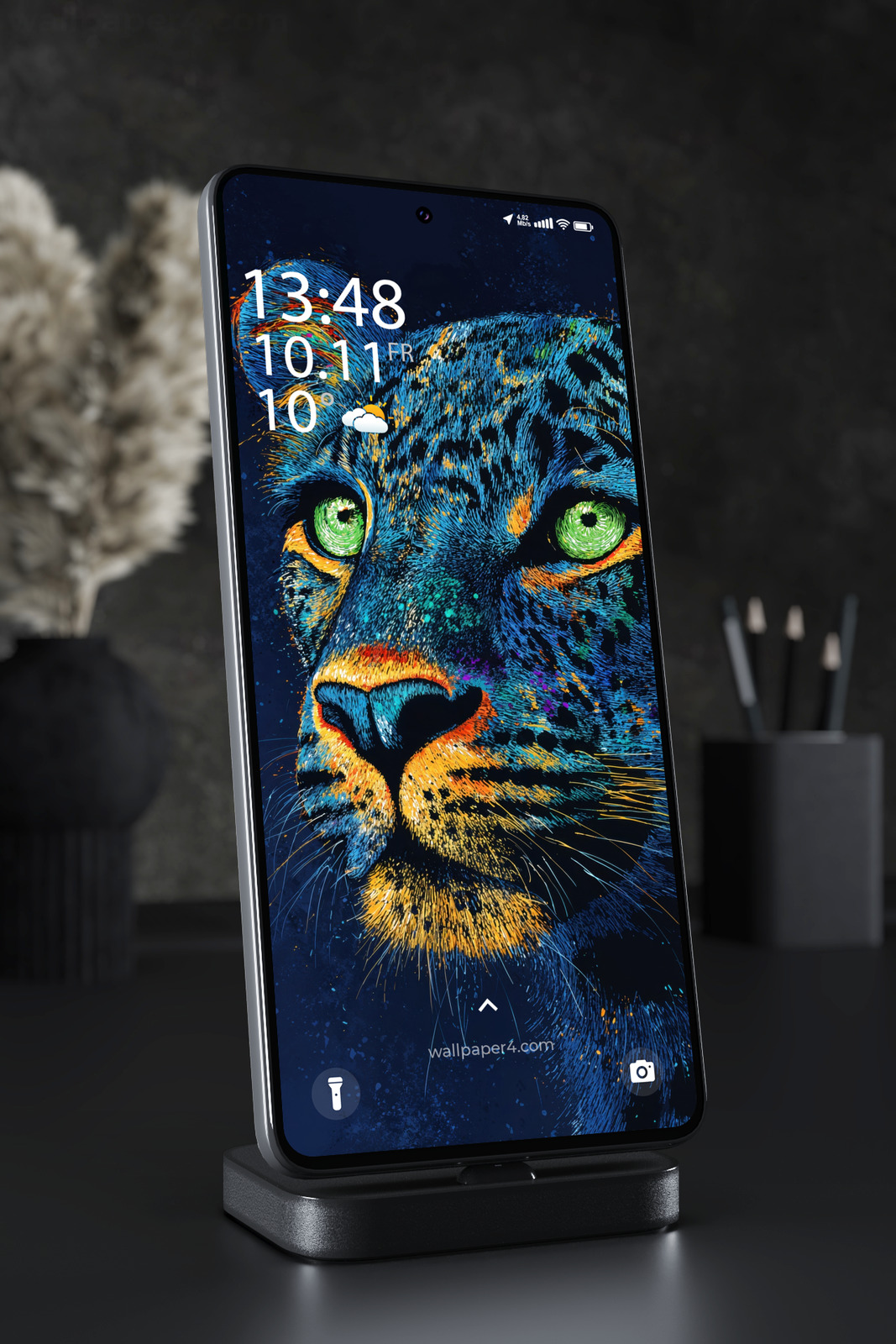 Phone Wallpaper 4222 - Neon Leopard Portrait with Emerald Green Eyes