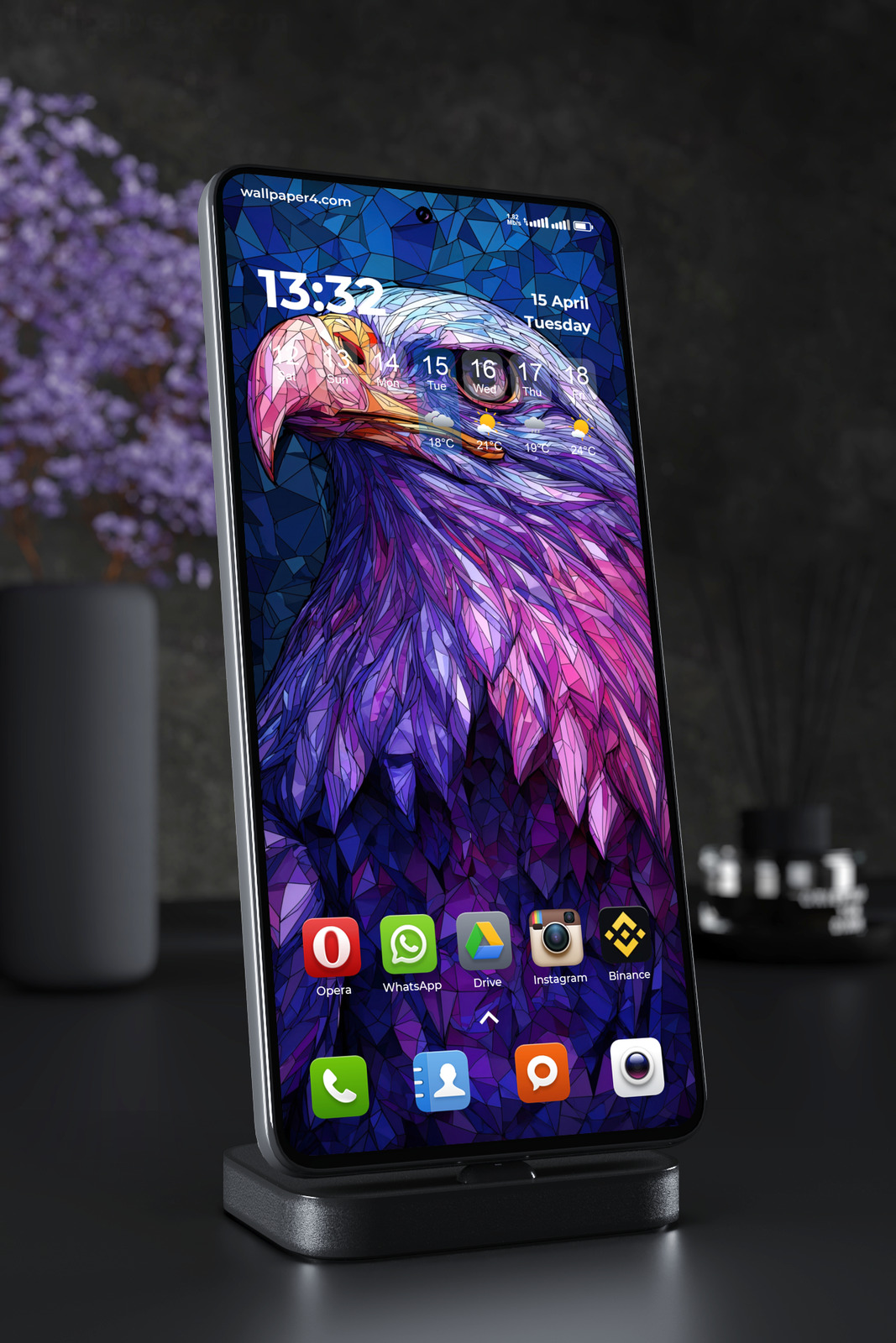 Phone Wallpaper 4226 - Neon Mosaic Eagle Portrait in Blue and Purple