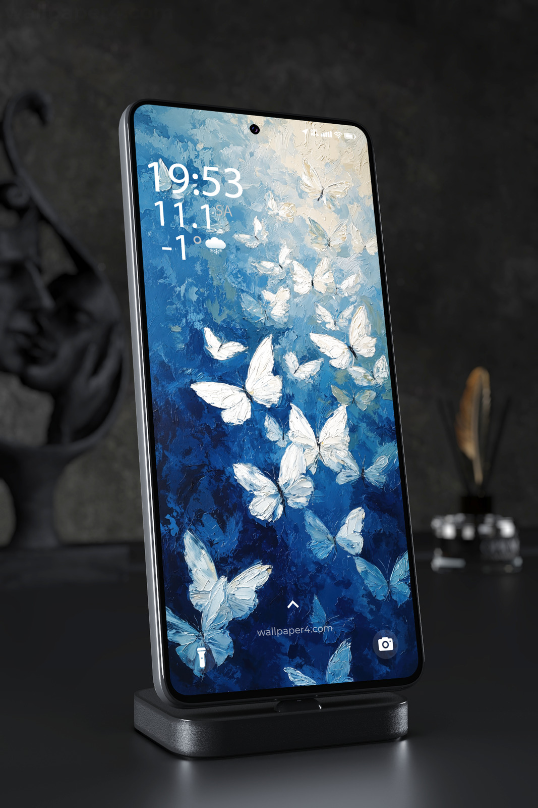 Phone Wallpaper 4229 - White Butterflies in Blue Textured Oil Art