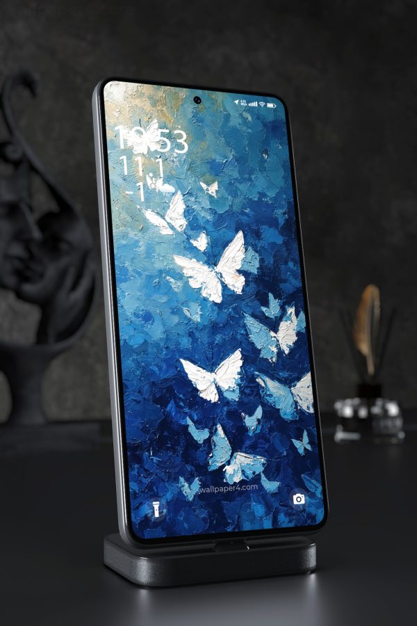 Mobile Wallpaper 4229 - White Butterflies in Blue Textured Oil Art
