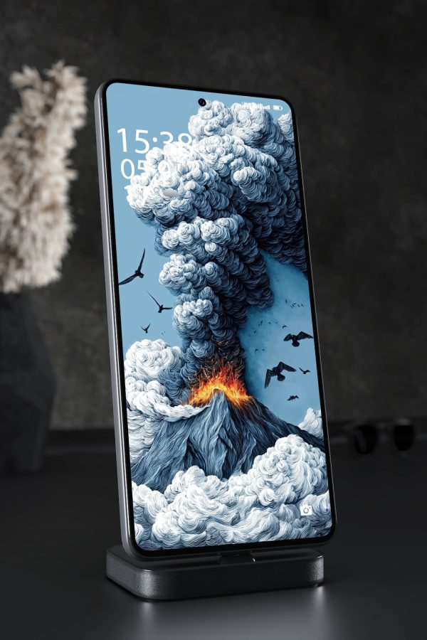 Phone Wallpaper 4233 - Erupting Volcano with Blue Smoke and Birds