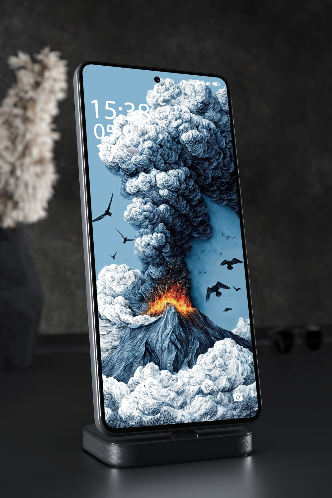 Phone Wallpaper 4233 - Erupting Volcano with Blue Smoke and Birds