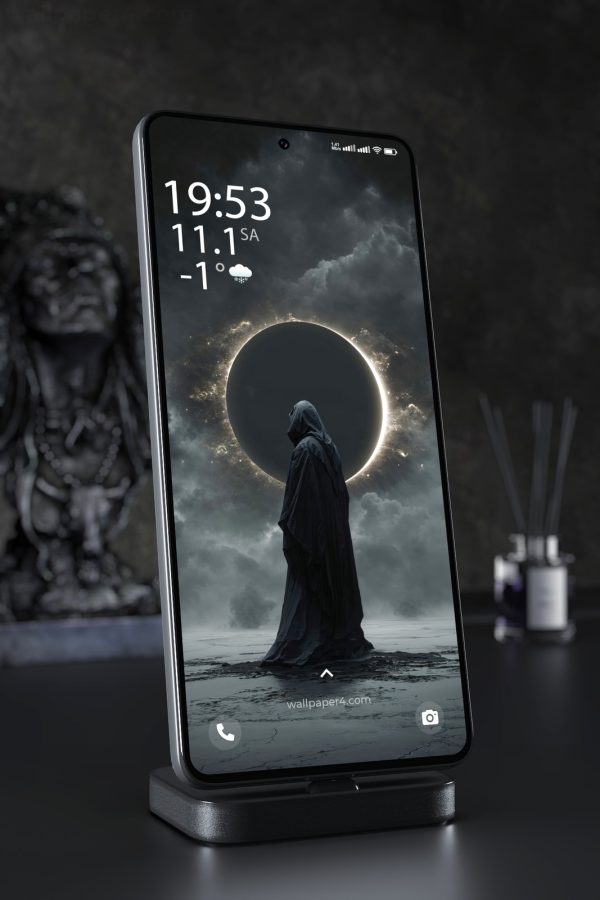 Phone Wallpaper 4245 - Dark Eclipse Hooded Figure in Storm Clouds