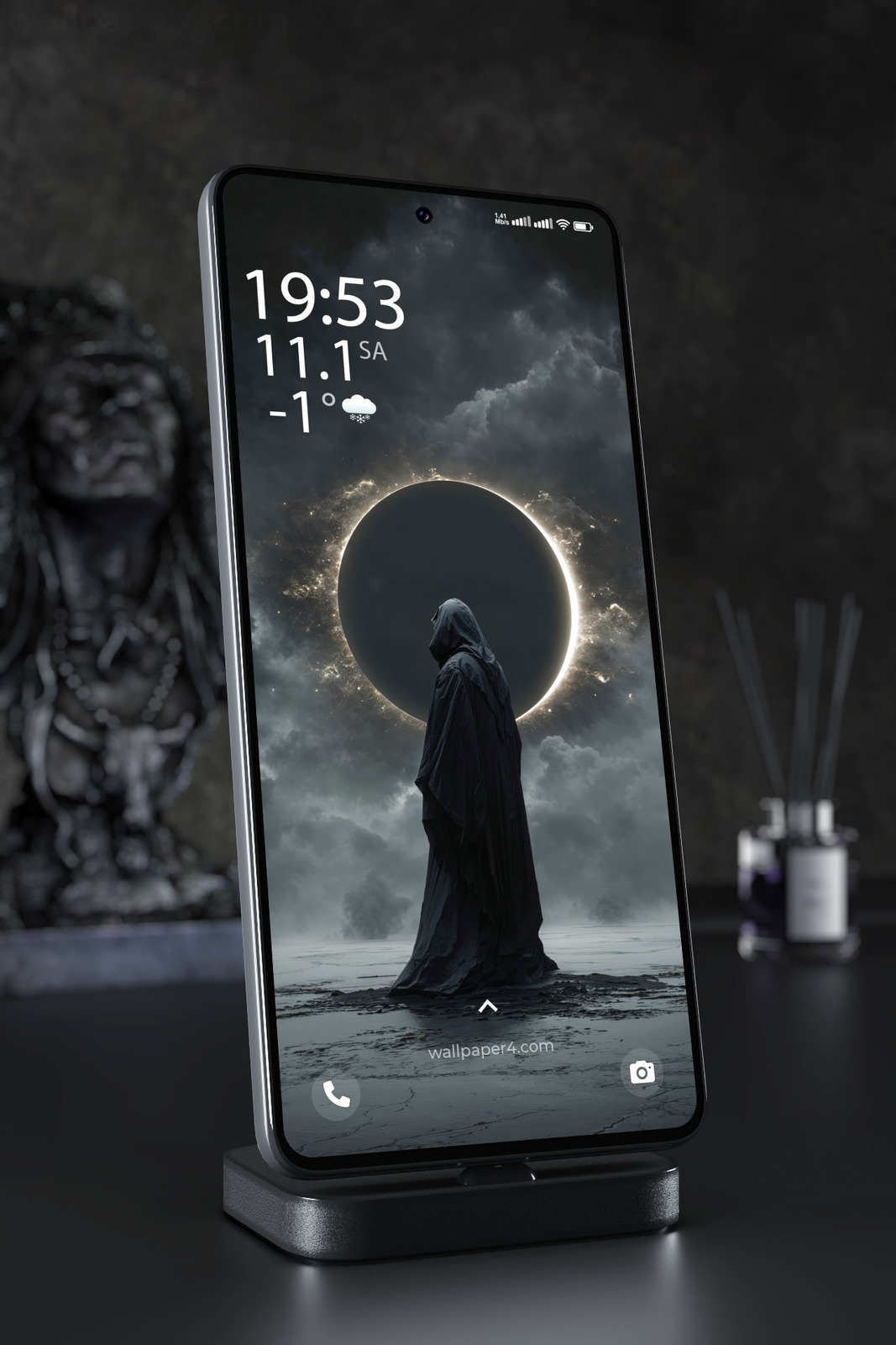 Phone Wallpaper 4245 - Dark Eclipse Hooded Figure in Storm Clouds