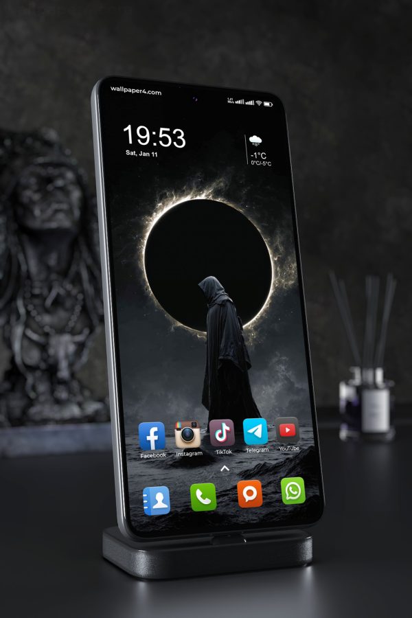 Mobile Wallpaper 4245 - Dark Eclipse Hooded Figure in Storm Clouds