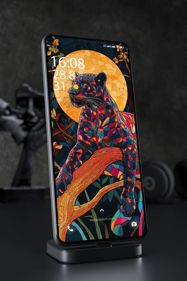 Phone Wallpaper 4248 - Stained Glass Panther in Moonlit Jungle