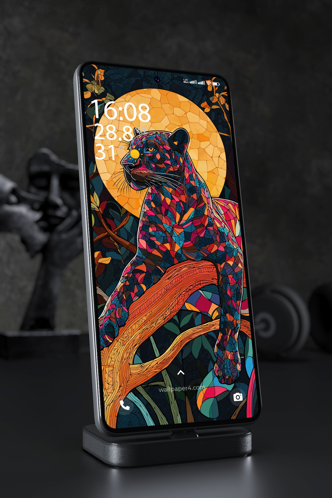 Phone Wallpaper 4248 - Stained Glass Panther in Moonlit Jungle