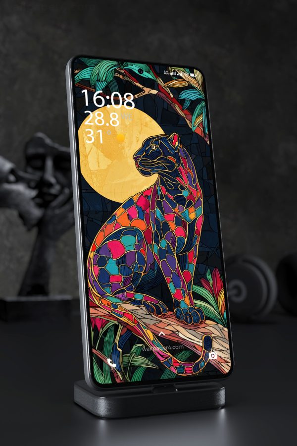 Mobile Wallpaper 4248 - Stained Glass Panther in Moonlit Jungle