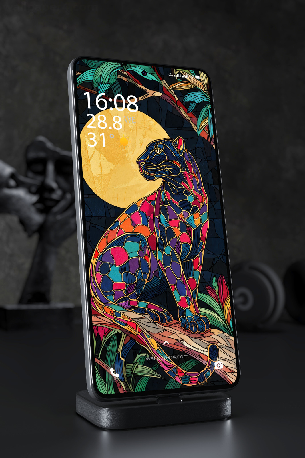 Mobile Wallpaper 4248 - Stained Glass Panther in Moonlit Jungle