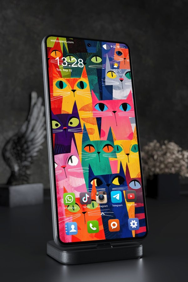Phone Wallpaper 4255 - Colorful Abstract Cats in Bold Folk Art Style