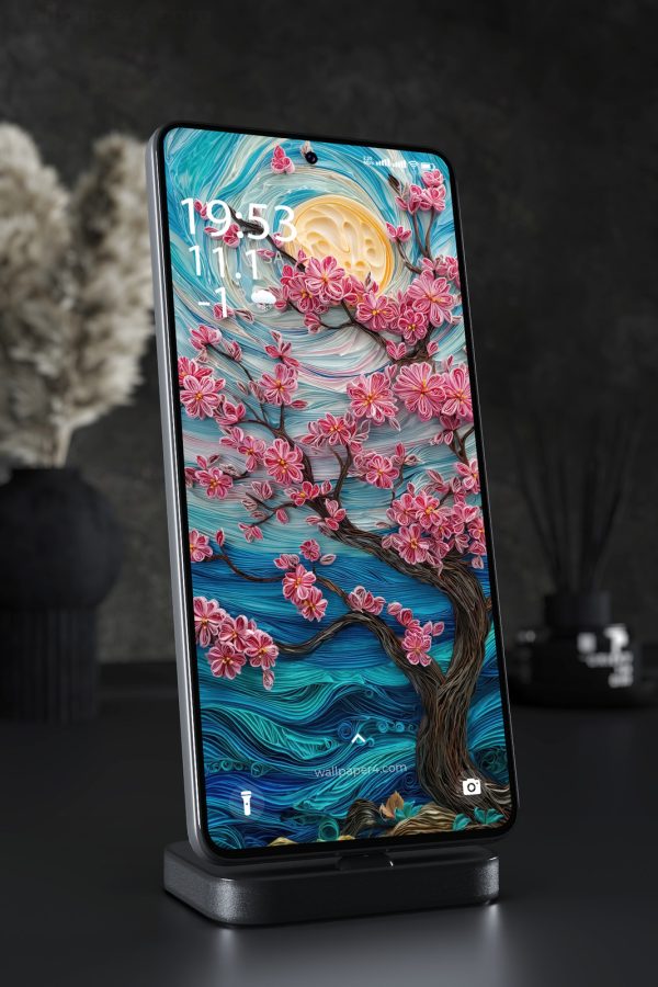 Mobile Wallpaper 4262 - Cherry Blossom Moon Paper Art Fantasy Scene