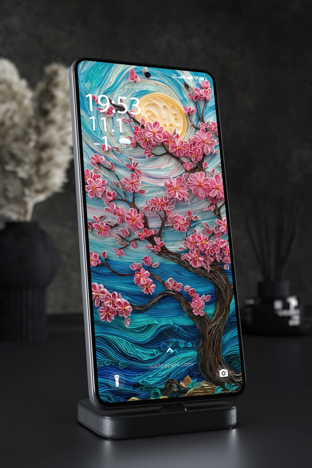 Mobile Wallpaper 4262 - Cherry Blossom Moon Paper Art Fantasy Scene