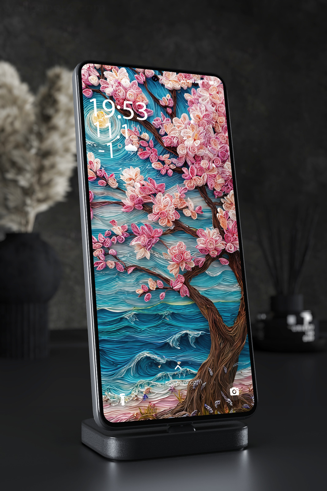 Mobile Wallpaper 4262 - Cherry Blossom Moon Paper Art Fantasy Scene