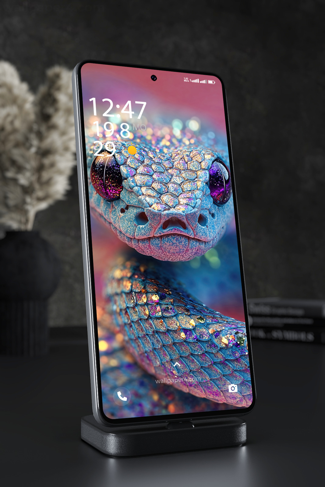 Phone Wallpaper 4310 - Glittering Blue Snake Macro Portrait in Neon Light