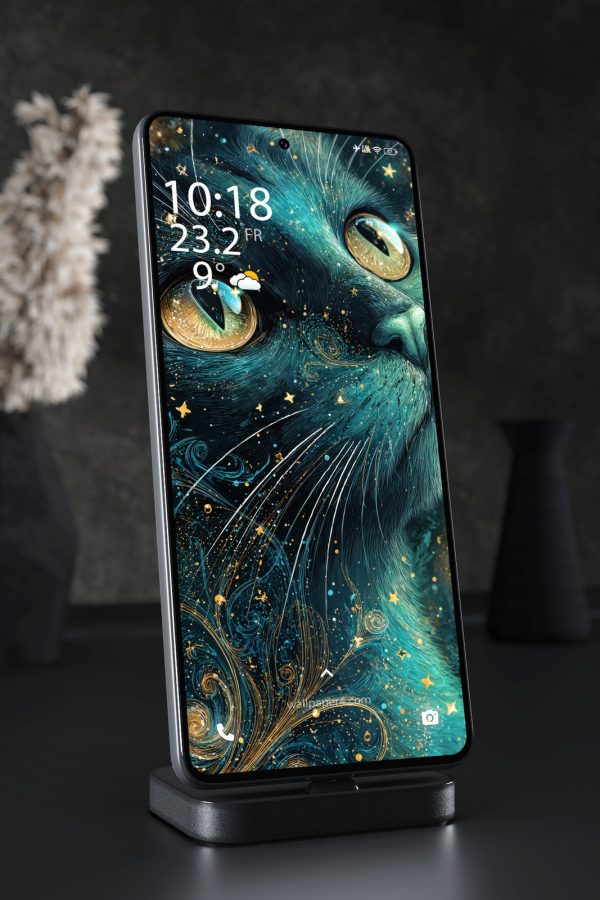 Phone Wallpaper 4320 - Mystic Teal Cat with Glowing Cosmic Eyes Art