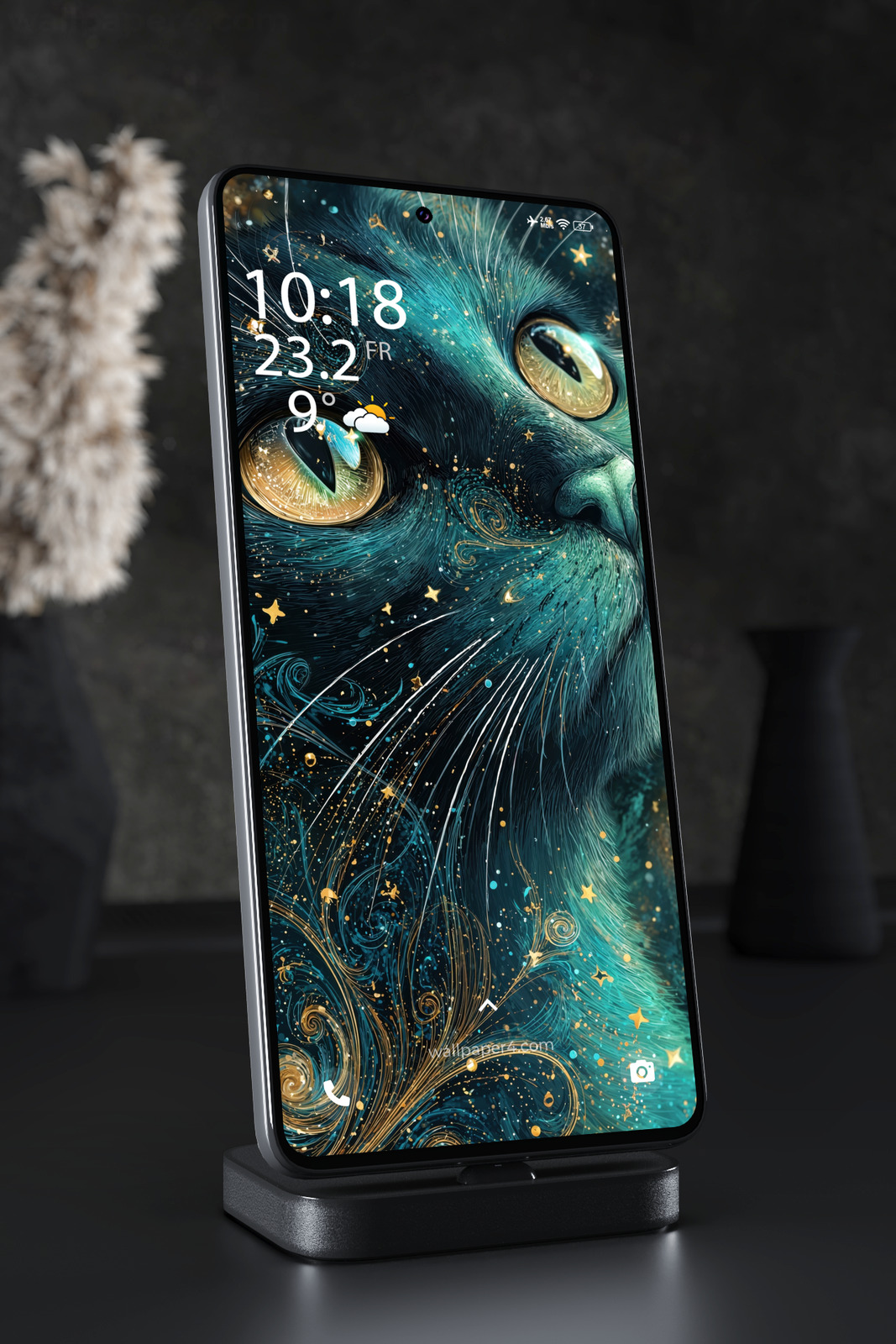 Phone Wallpaper 4320 - Mystic Teal Cat with Glowing Cosmic Eyes Art