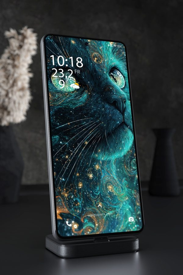 Mobile Wallpaper 4320 - Mystic Teal Cat with Glowing Cosmic Eyes Art