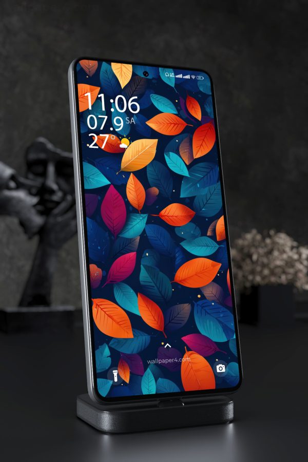 Phone Wallpaper 4342 - Colorful Autumn Leaves on Dark Blue Background