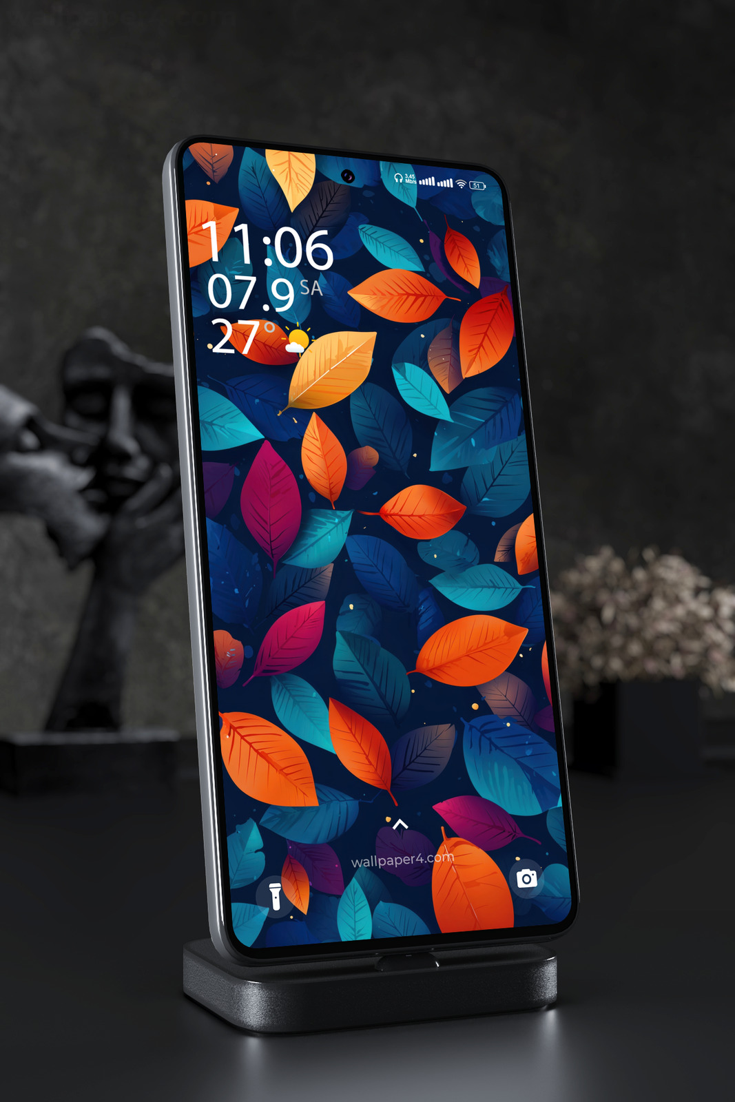 Phone Wallpaper 4342 - Colorful Autumn Leaves on Dark Blue Background