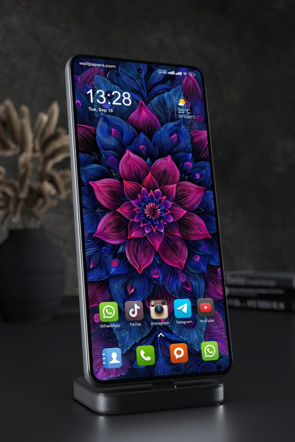Phone Wallpaper 4354 - Neon Blue Magenta Floral Dark Botanical Art