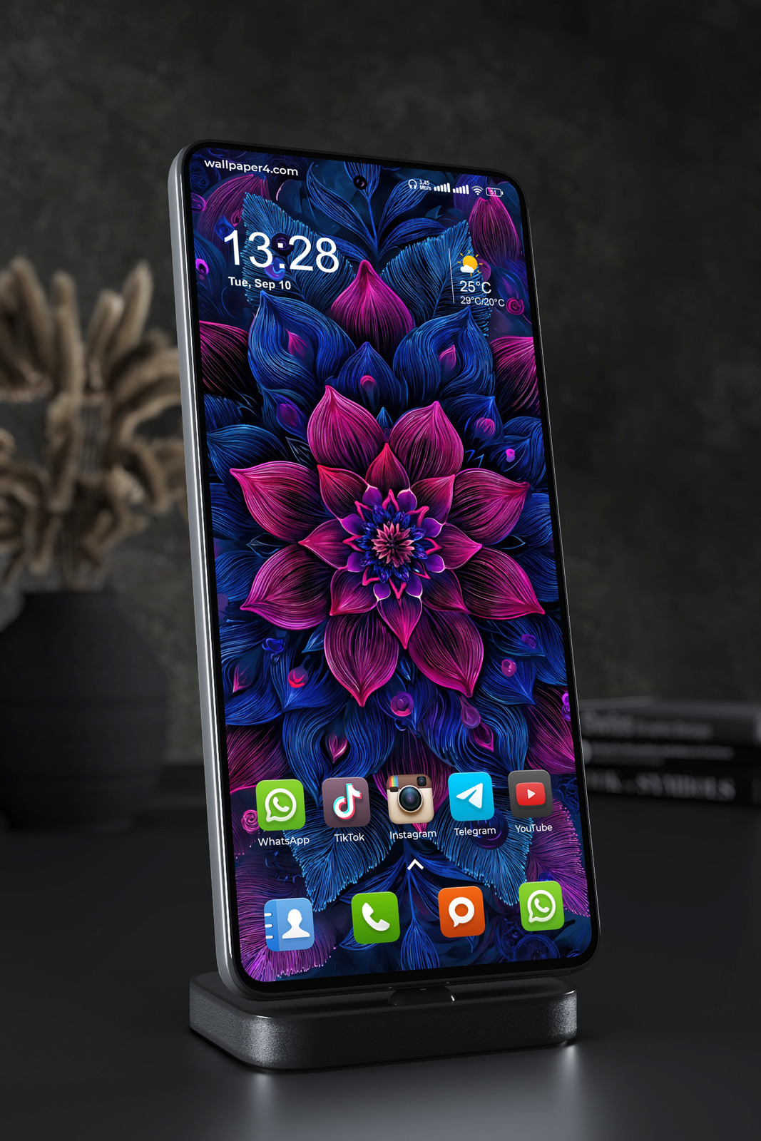 Phone Wallpaper 4354 - Neon Blue Magenta Floral Dark Botanical Art