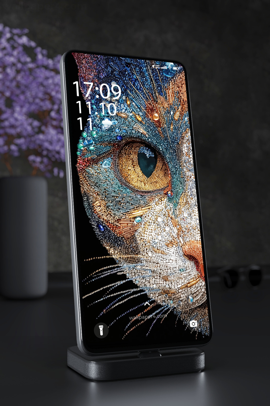 Phone Wallpaper 4360 - Jeweled Cat Mosaic Art in Gold and White