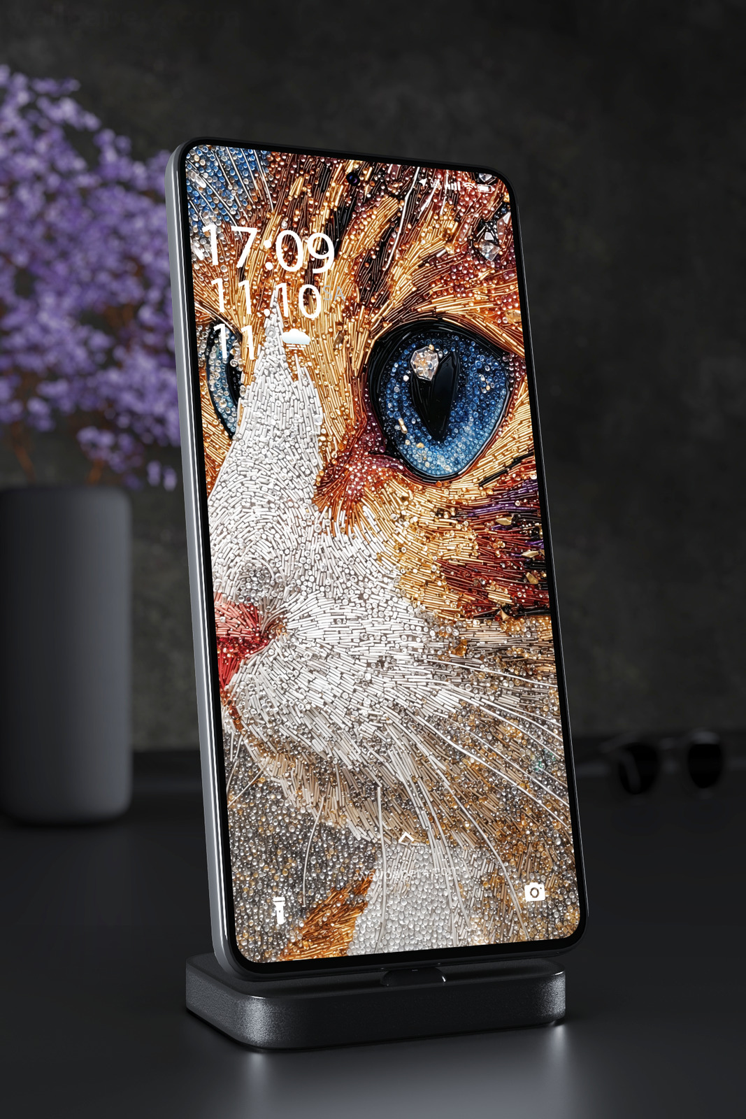 Mobile Wallpaper 4360 - Jeweled Cat Mosaic Art in Gold and White