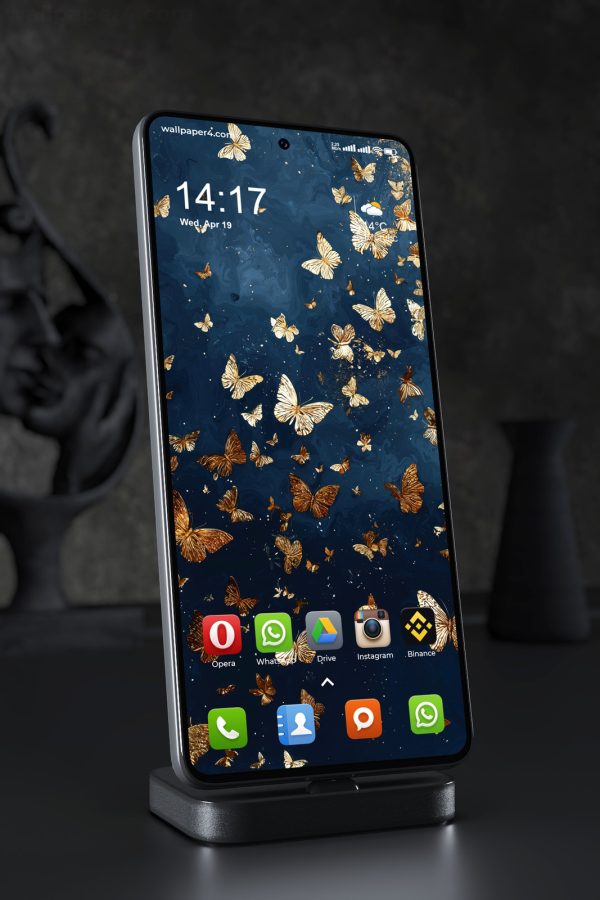 Phone Wallpaper 4365 - Golden Butterflies on Deep Blue Marble Background