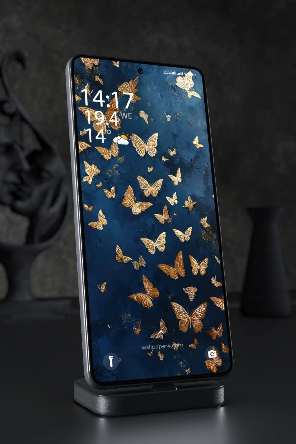 Mobile Wallpaper 4365 - Golden Butterflies on Deep Blue Marble Background