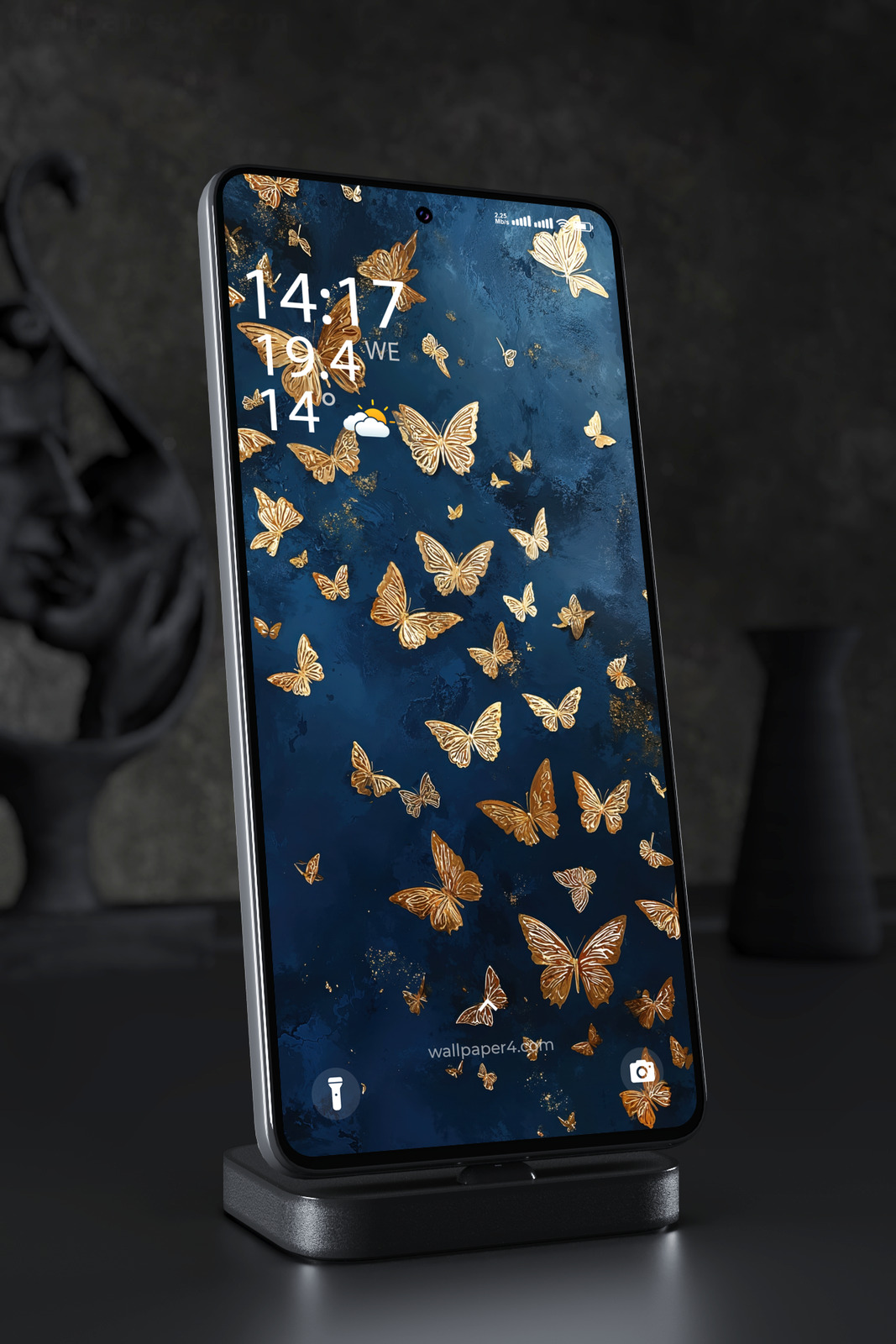 Mobile Wallpaper 4365 - Golden Butterflies on Deep Blue Marble Background