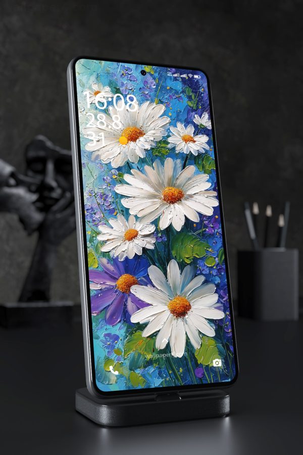 Phone Wallpaper 4380 - White Daisy Flowers in Blue Oil Painting Art