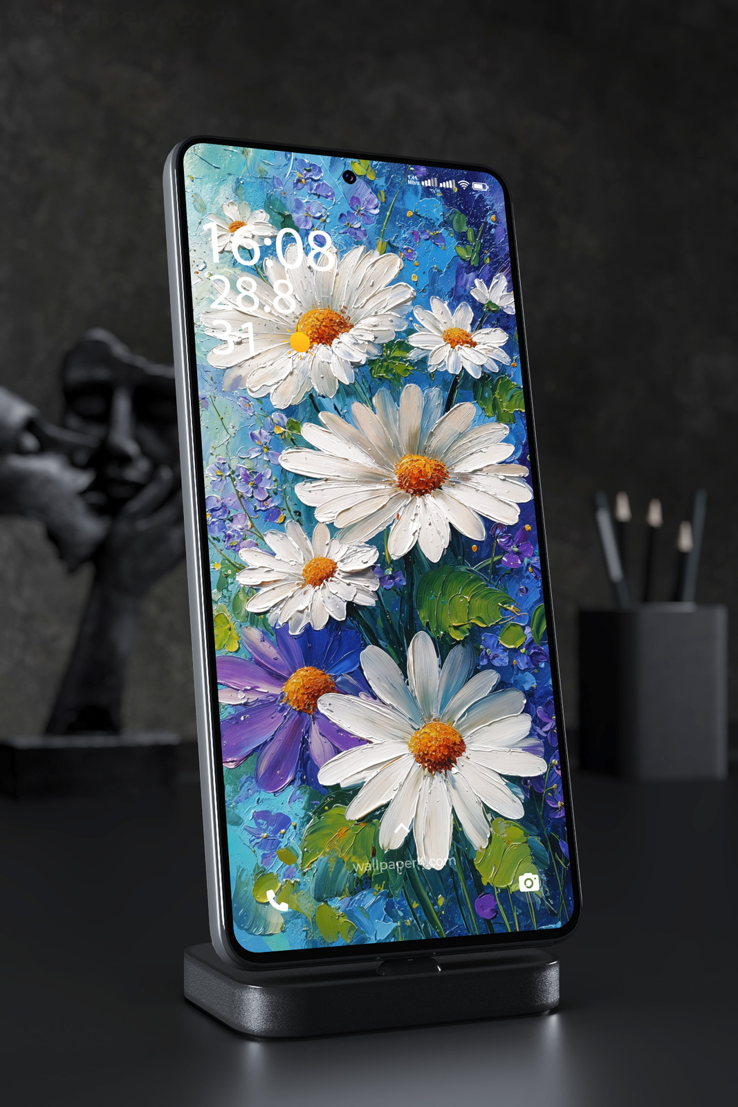 Phone Wallpaper 4380 - White Daisy Flowers in Blue Oil Painting Art