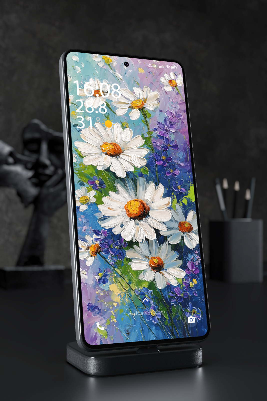 Mobile Wallpaper 4380 - White Daisy Flowers in Blue Oil Painting Art