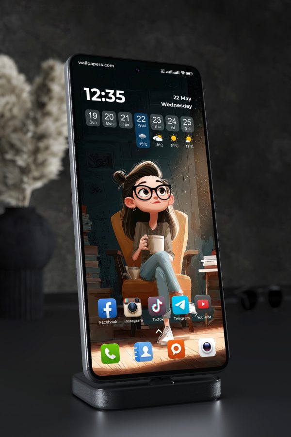 Phone Wallpaper 4395 - Cozy Cartoon Girl with Coffee in Reading Room