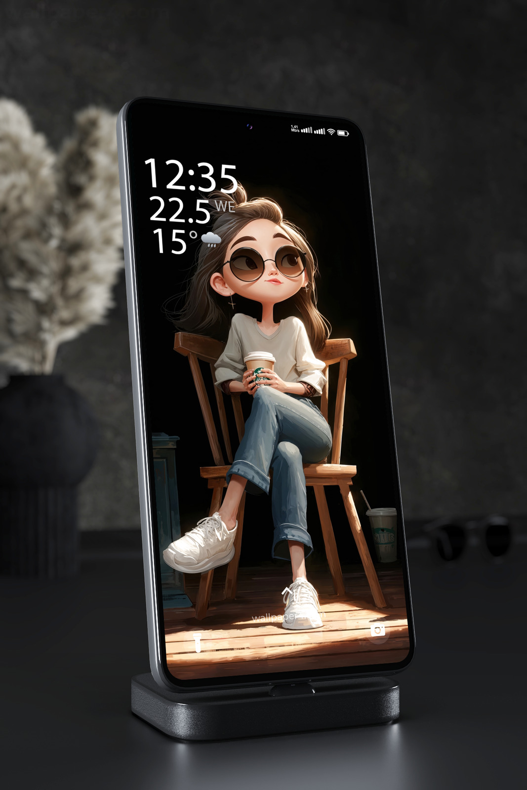 Mobile Wallpaper 4395 - Cozy Cartoon Girl with Coffee in Reading Room
