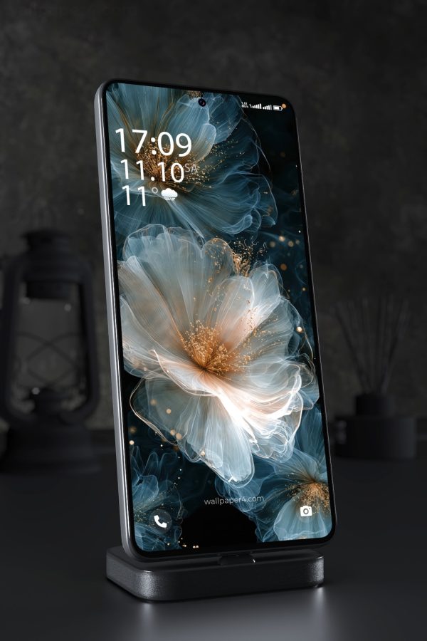Phone Wallpaper 4415 - Translucent Blue Flowers with Golden Glow Art