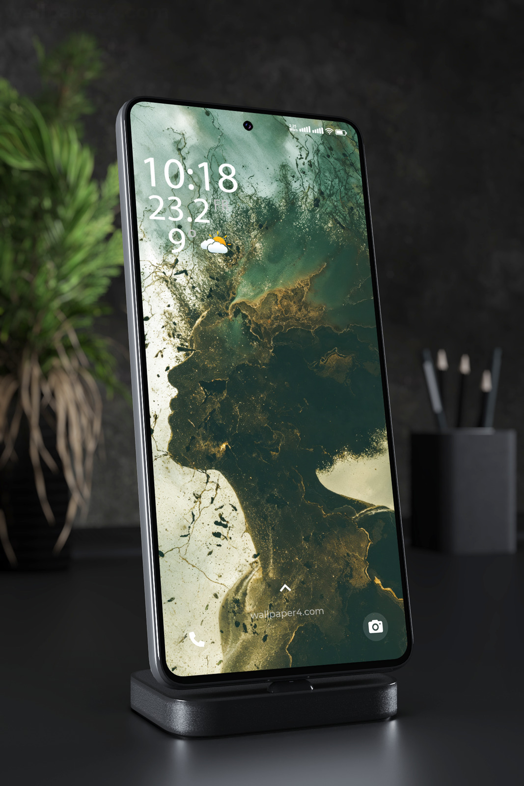 Phone Wallpaper 4421 - Emerald Gold Abstract Marble Ink Texture Art