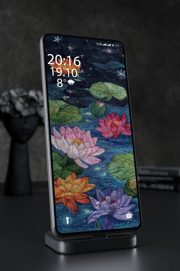 Phone Wallpaper 4428 - Embroidered Lotus Pond Night Floral Art