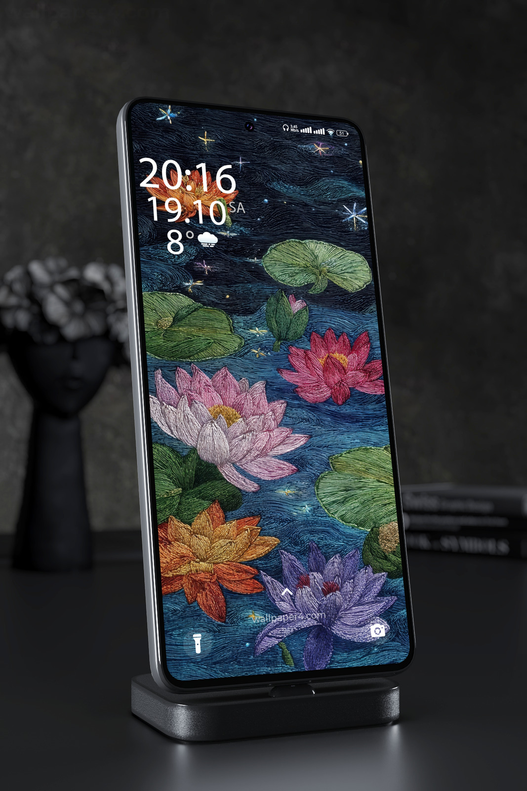 Phone Wallpaper 4428 - Embroidered Lotus Pond Night Floral Art