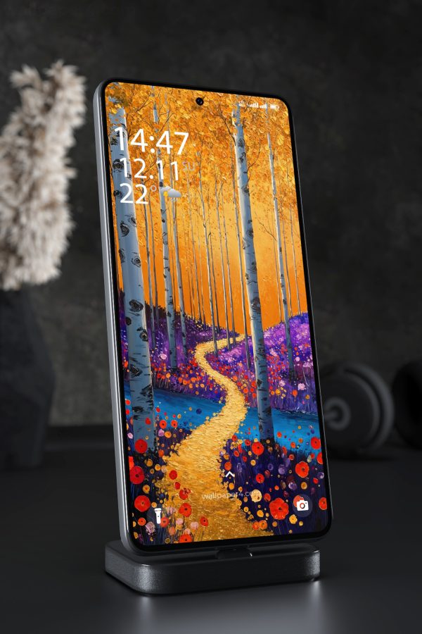Phone Wallpaper 4471 - Golden Autumn Birch Forest Path Painting Art