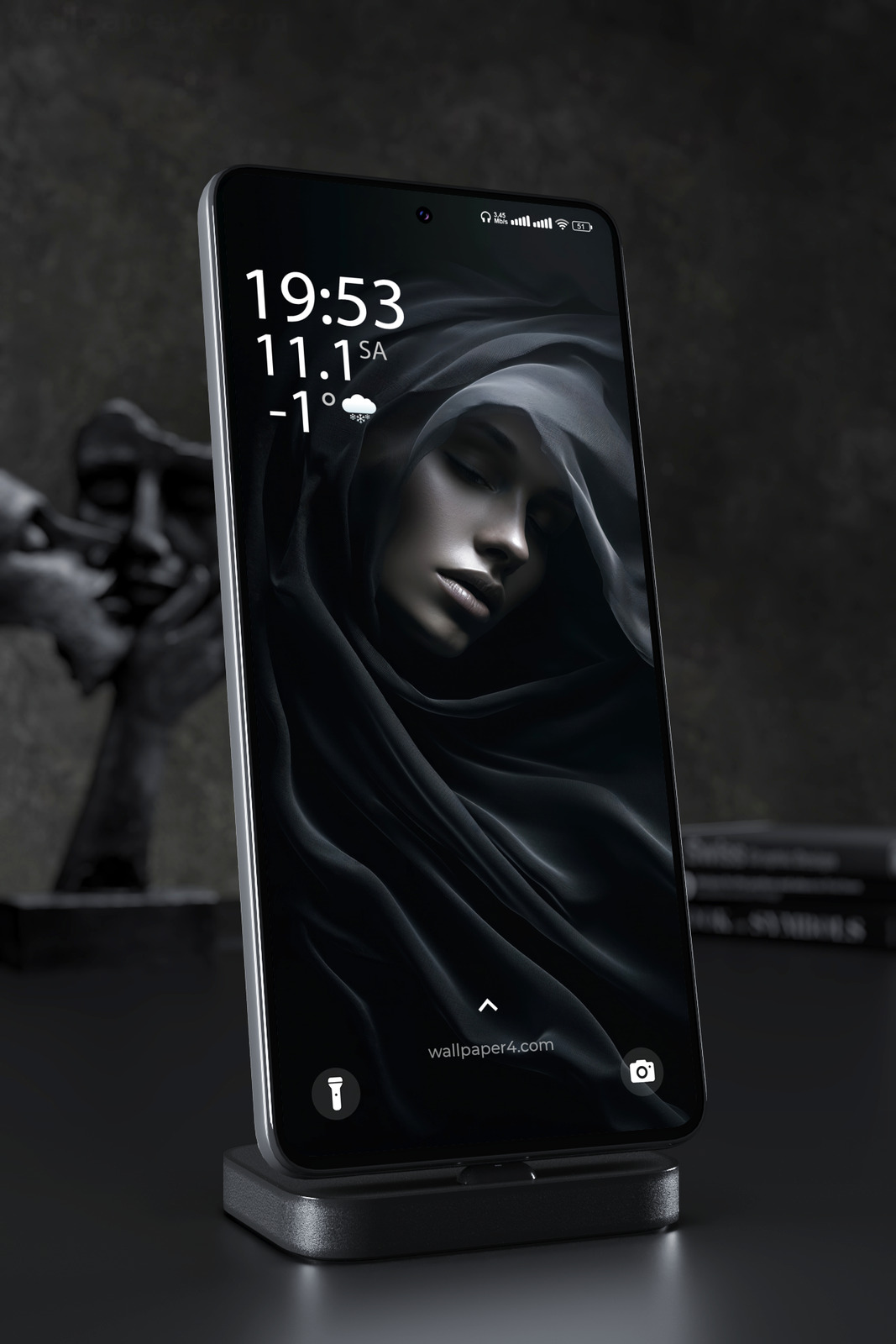 Phone Wallpaper 4498 - Dark Veiled Woman Portrait in Mystic Shadows