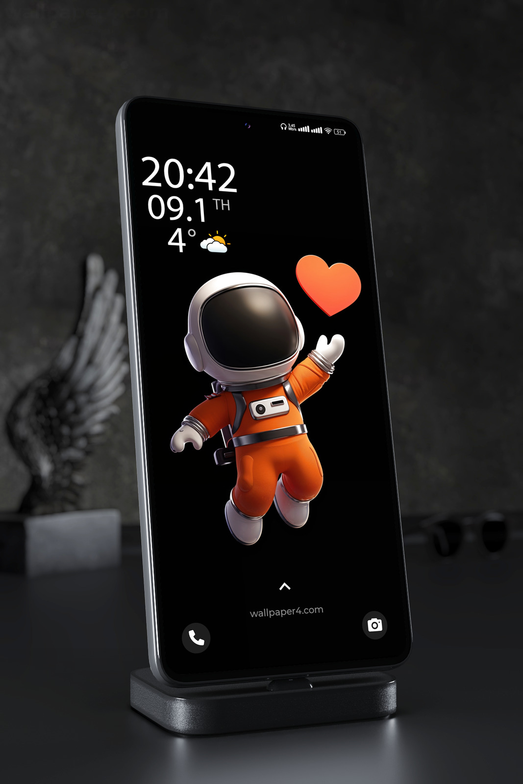 Phone Wallpaper 4509 - Cute Astronaut with Red Heart in Deep Space