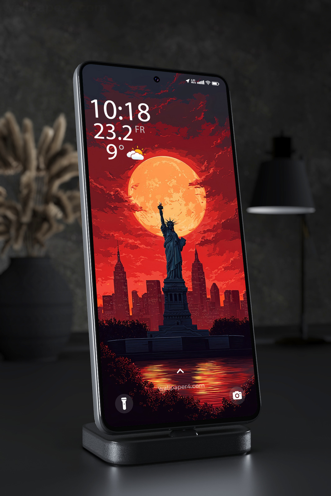 Phone Wallpaper 4516 - Statue of Liberty Blood Moon City Skyline Art