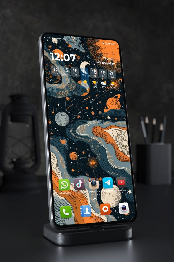 Phone Wallpaper 4537 - Vintage Celestial Space Art in Orange and Blue